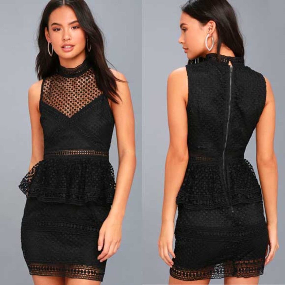 Lulu's Kiss and Spell Black Crochet Lace Peplum Dress M